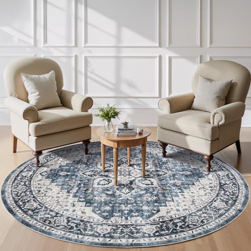 AMADA HOMEFURNISHING Round 6ft Area Rugs, Low-Profile Washable Rug with Non-Slip Backing & Durable Edge Binding, Vintage Rugs for Living Room, Bedroom, Dinning Room by AMADAHOMEFURNISHING