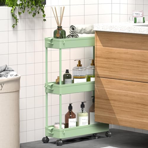 SPACEKEEPER Slim Rolling Storage Cart, 3 Tier Bathroom Cart Organizer,Green - Image 5