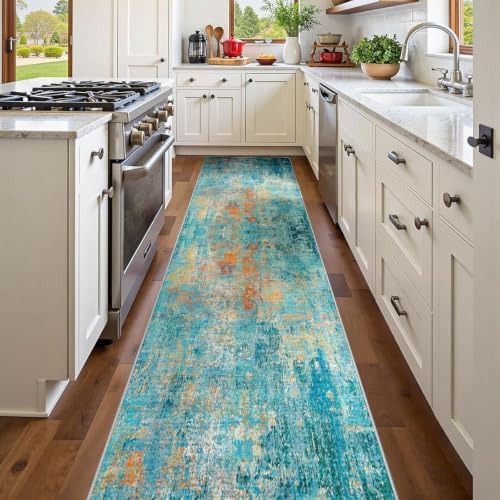 RELEANY Washable Runner 2'x10' Abstract Area Rug for Hallway Teal Multi - Image 2