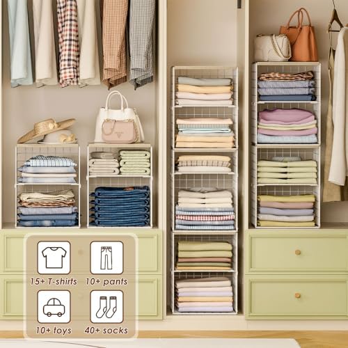 4-Tier Stackable Closet Organizers and Storage, Adjustable Dividers & Wood Top Storage Shelves for Clothes, Wardrobe & Closet Storage Basket Bins/Cube, Space-Saving Closet Organizer System, White - Image 4