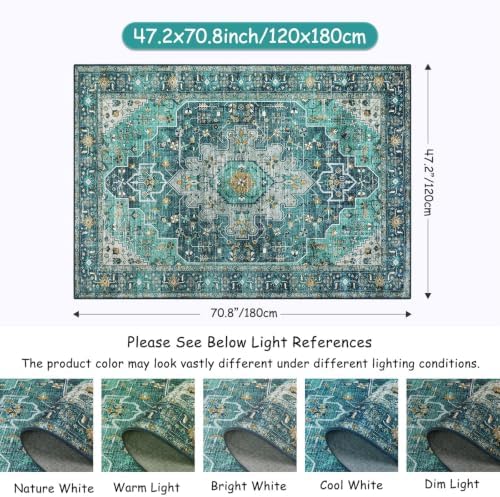 Moynesa Ultra-Thin Washable Area Rug - 4x6 Teal Living Room Rug Oriental Rugs for Bedroom, Non Slip Non Shedding Low Pile Entryway Carpet for Bedroom Dressing Room Office - Image 2