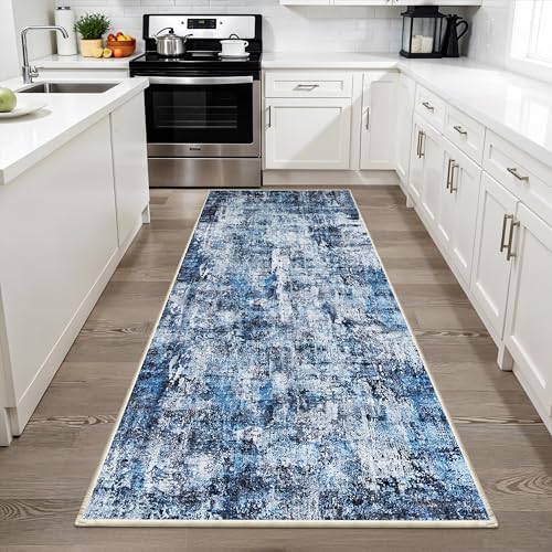3x6 Washable Wide Runner Rug – Non-Slip Floor Carpet Runner for Kitchen Entryway Hallway Bathroom, Modern Abstract Low Pile Thin Area Rug (Navy Blue, 3x6) - Image 3