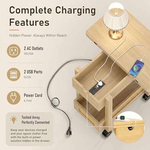 YOSHOOT Narrow End Table with Charging Station, Small Bedside Table - Image 5