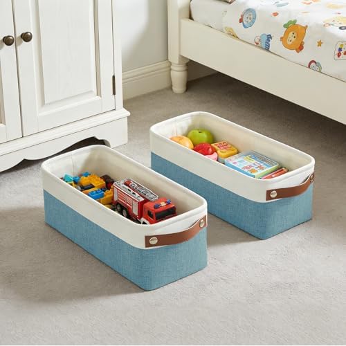 Bagnizer Small Fabric Storage Baskets, 15x6x5 inch Narrow Storage Bins 4-Pack Long Storage Basket for Organizing with Handles, Decorative Basket for Closets, Shelves, Toilet Paper, Teal - Image 4