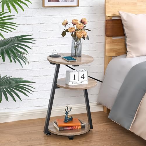 BEWISHOME Round End Table with Charging Station, Greige KTZ51G - Image 4