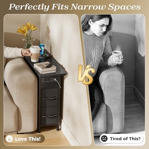 Huuger Narrow End Table with Charging Station, Side Table with 2 Drawers - Image 4