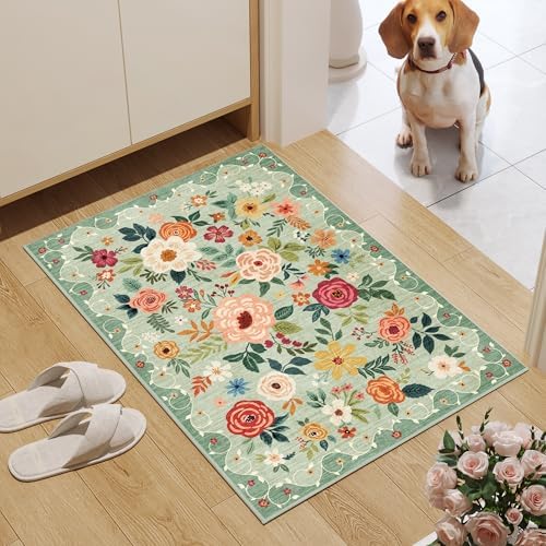 DUKINO 2x3 Rug, Floral Washable Rug for Entryway Non Slip Door Mat, Green - Image 3