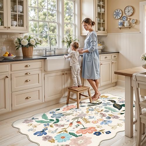 4x6 Living Room Area Rugs: Washable Boho Kitchen Rugs Non Slip Low-Pile Small Bedside Carpet for Bedroom Nursery Water-Resistant Beside Rug Non-Shedding Floor Mat for Kids Pets Family(4x6，Cream) - Image 5