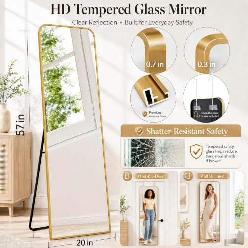 57x20" Full Length Mirror Floor Stand,Over the Door,Wall Mounted Gold - Image 2