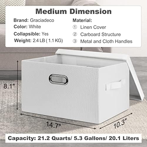 Graciadeco Medium 15" 21 Quart Collapsible Stackable Storage Bins with Lids, 1 Pack White Foldable Fabric Closet Storage Boxes with Lids, 4 Handles Heavy-duty Linen Cube Baskets for Bedroom - Image 2