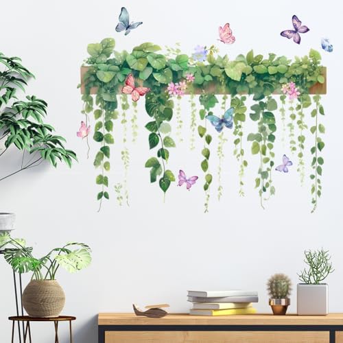 Hanging Green Vine Wall Decals,Succulent Plants Wisteria Floral Flowers Butterflies Birds Wall Stickers, Self-Adhesive Vinyl Removable Living Room Sofa TV Wall Decor - Image 3