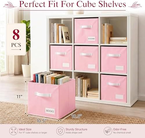 Storage Cubes 8 Pack, 11 Inch Fabric Storage Cubes Organizer Bins with Labels, Odor-Free & Sturdy PP Structure, Cubby Baskets for Closet, Shelves, Toys & Nursery ( Pink) - Image 2