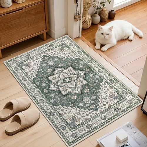 2x3 Area Rugs Living Room: Washable Rug for Bedroom Green Ivory - Image 2