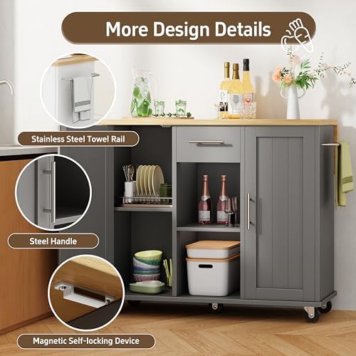 Shintenchi Kitchen Island with Storage, Bar Cart Cabinet Island Table on Wheels, Rolling Microwave Cart for Kitchen with Drop Leaf, Drawers, Towel Rack, Seating Area for Dining Room, Gray - Image 4