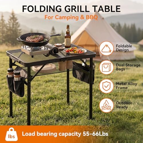 2Ft Foldable Grill Table for Camping, Portable Metal Mesh BBQTable with Dual Side Storage Bags, Lightweight Folding Outdoor Cooking Table for Picnic, RV Travel, Beach & Backyard BBQ - Image 3