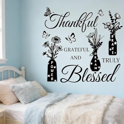 Thankful Grateful Blessed Wall Decal - Inspirational Quote with Floral Vase & Butterfly Stickers, Power Dream Brave Vinyl Wall Art for Living Room, Bedroom, Kitchen, Farmhouse Home Decor - Image 6