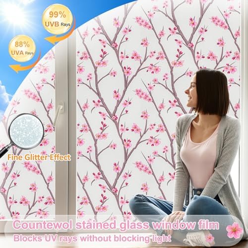 Countewol Stained Glass Privacy Window Film Static Cling Window Film Anti-Glare UV Protection Removable Decorative Window Clings for Home（Frosted Sakura 78.7" L*35.4" W - Image 5