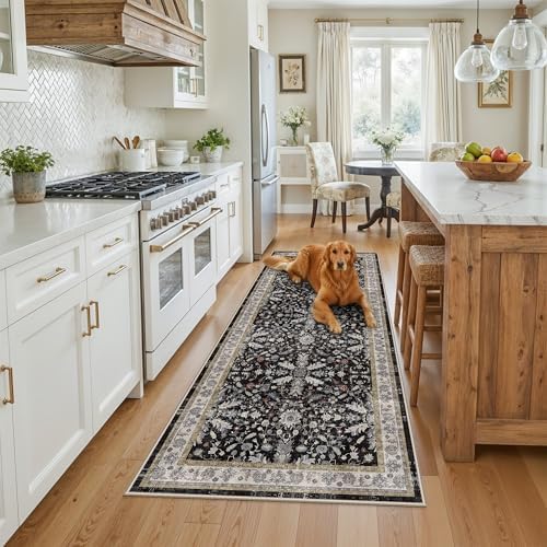 3x7 Washable Non-Slip Kitchen Runner Rug – Soft Low-Pile Stain-Resistant Carpet for Hallway Entryway Bedroom Laundry Room Bathroom – Boho Floral Wide Floor Runner with Rubber Backing (Black,3x7) - Image 3