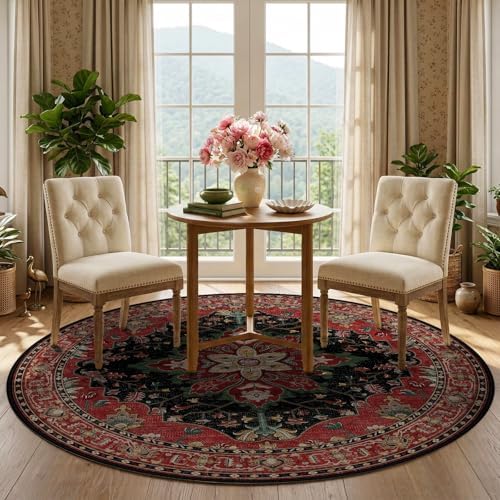 RELEANY Washable Area Rug, Round 5ft, Red/Black - Image 3
