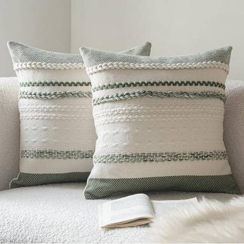 Cethom Boho Throw Pillow Covers 20x20 Inch Set of 2, Green Textured Decorative Couch Pillow Cases for Farmhouse Home Decor, Accent Cushion Cover for Sofa, Bed, Living Room, Bedroom by Cethom