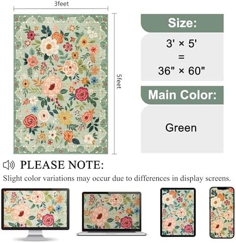 DUKINO 3x5 Area Rug, Floral Washable Rug for Bedroom Non Slip, Green - Image 2