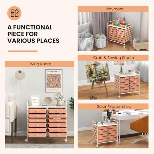 Giantex 12 Drawers Rolling Cart, Mobile Storage Drawer Cart, Classroom Organizer Cart for Office School Supplies Tools Scrapbook Paper Craft Small Printer, Utility Cart on Wheels, Peach Fuzz - Image 5