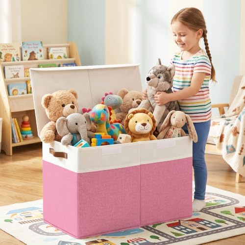 Bagnizer Large Toy Storage Box with Lids, Collapsible Sturdy Baby Storage Organizer Chest Bin Basket for Kids, Boys, Girls, Playroom, Nursery, Bedroom, Closet 25"x13"x16" (Pink and White) - Image 2