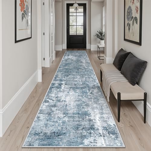 Soalmost Abstract Runner Rug 2x10 Hallway Kitchen Runners Blue/Grey - Image 3