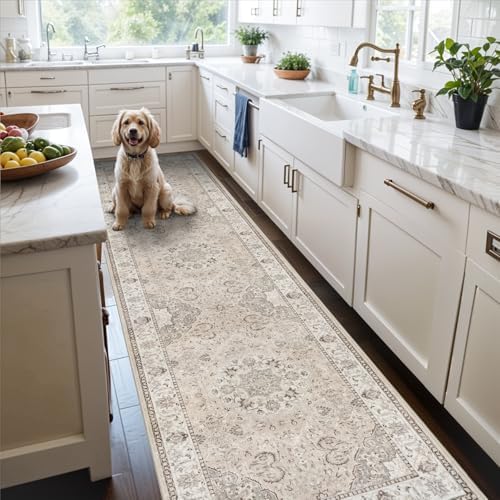 Hallway Washable Runner Rug - 2'6x12 Kitchen Rugs Entryway Rug Runner Vintage Soft Floor Mat Non Slip Indoor Farmhouse Carpet for Bathroom Living Room Bedroom (2'6''x12', Beige) by HYHAOYUNLAI