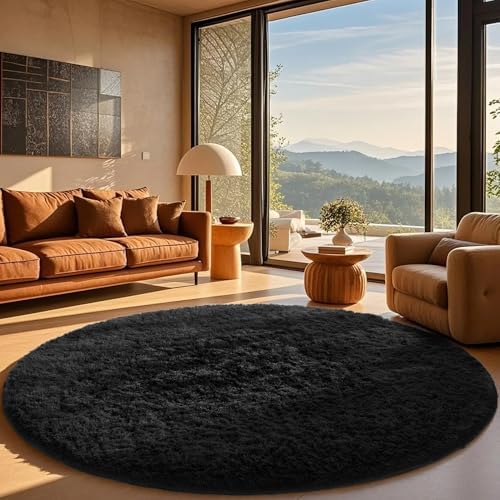 Ophanie Round Rug 8Ft Black Circle Area Rug, Room Decor for Men, Fluffy Fuzzy Bedroom Carpet, Plush Soft Shaggy Living Room Rugs for Kids Home Aesthetic, Nursery with Over 99 pcs Pile fibers by Ophanie