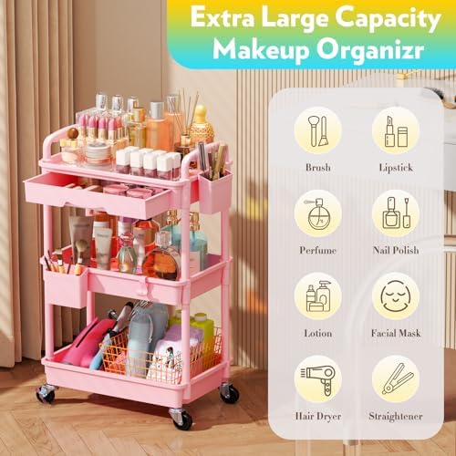 SUNALLY Makeup Cart Organizer with Drawer, 3 Tier Rolling Makeup Cart, Pink - Image 4