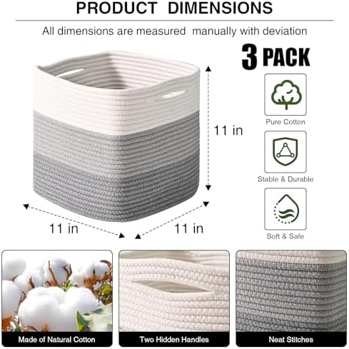 11 Inch Cube Storage Bins, 11x11 Cube Storage Bins for Cube Organizer, Square Cloth Storage Cubes, Woven Storage Baskets for Shelves, Toy Rope Baskets Storage Kids, Gradient Grey (Pack of 3) - Image 2