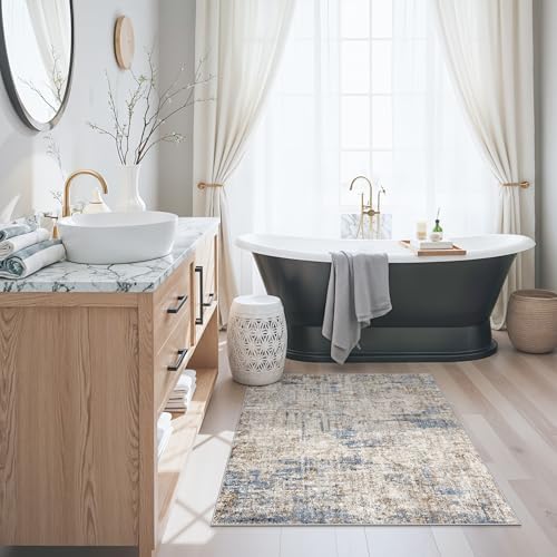 3x3 Square Entryway Rug Washable – Non-Slip Small Area Rug for Kitchen or Bathroom, Soft Low-Pile Indoor Mat, Modern Abstract Thin Door Carpet (Blue Brown) - Image 4