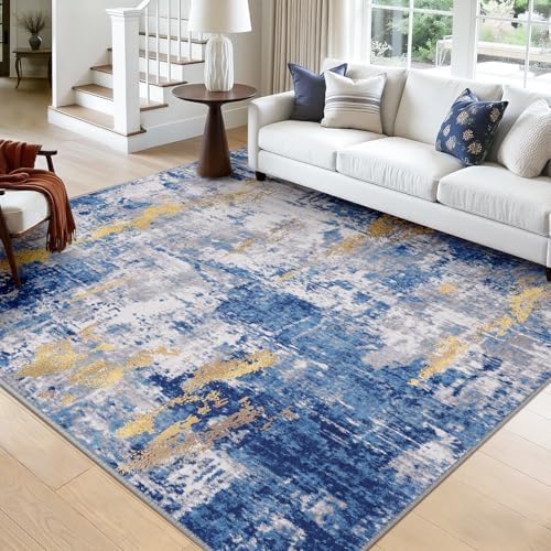 RELEANY Washable Square 9'x9' Area Rug for Living Room Blue Gold by RELEANY