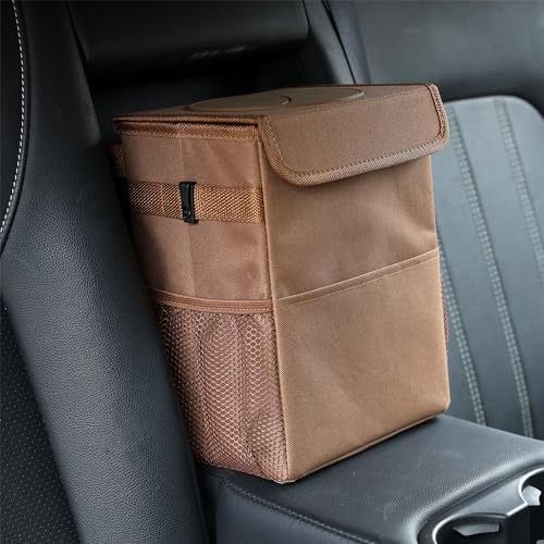 AOKJOY Car Garbage can with lid Leak Proof Vehicle Trash Can 3 Storage Pockets Hanging Waterproof car Trash Bag for SUV Brown - Image 4