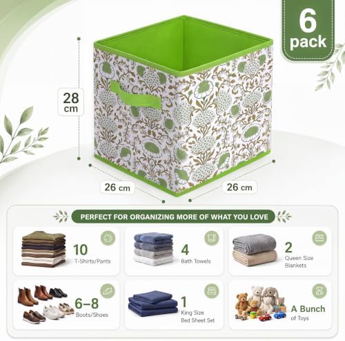 Bokon 6 Pcs 11'' Green Block Print Storage Bins Cube Floral Storage Basket - Image 2