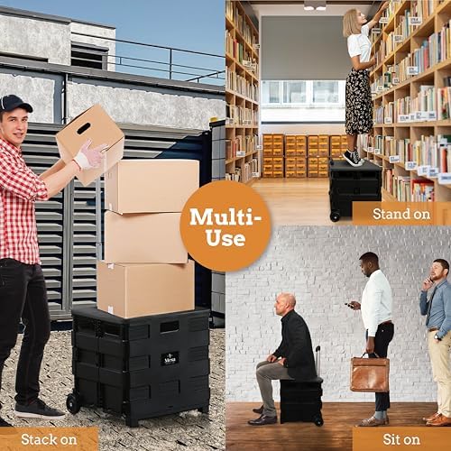 Inspired Living Collapsible Ultra-Slim Pack-N-Roll,2 Wheel Utility Cart w/Lid used as Seat up to 250 Lbs, Telescopic Handle - Super Strong, for Home, Garden, Shopping, Office, School use, Large, Black - Image 5