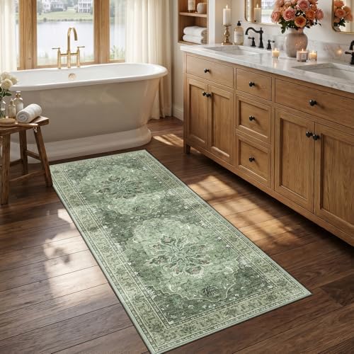 RELEANY Washable Area Rug, Runner 2'6"x5', Green/Dark Green/Gray by RELEANY