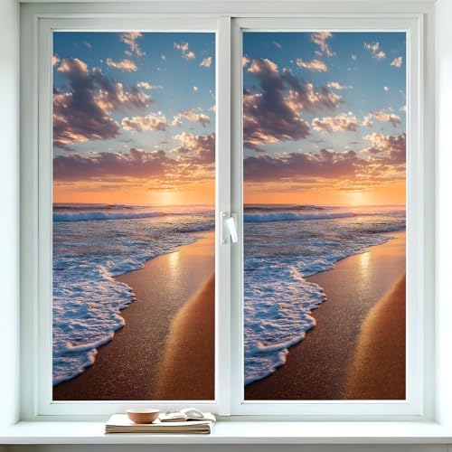 Sunset Beach Window Privacy Film, Decorative Static Cling Window Cling Crystal Pattern, Removable No Glue Window Film 39.3 x 17.5 Inch for Bathroom Bedroom Glass Door - Image 3