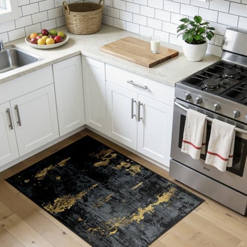 RELEANY Washable 3'x4' Abstract Area Rug for Living Room Black Gold by RELEANY