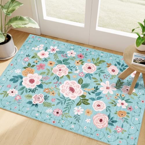 DUKINO 2x3 Entryway Rug, Floral Door Mat Soft Washable Rug Non Slip, Teal by DUKINO
