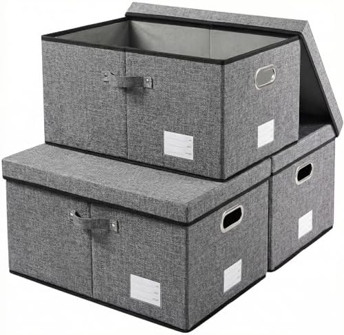PRANDOM Storage Bins with Lids [3-Pack] Linen Fabric Foldable Storage Boxes Organizer Containers Baskets Cube with Cover for Bedroom Closet Office Grey(23.4X15.9X11.4) by Prandom