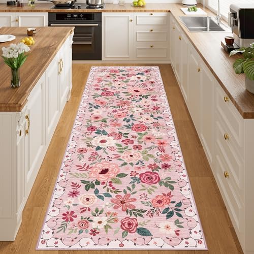 DUKINO 3x10 Runner Rug, Floral Washable Kitchen Runner Rug Non Slip, Pink - Image 6