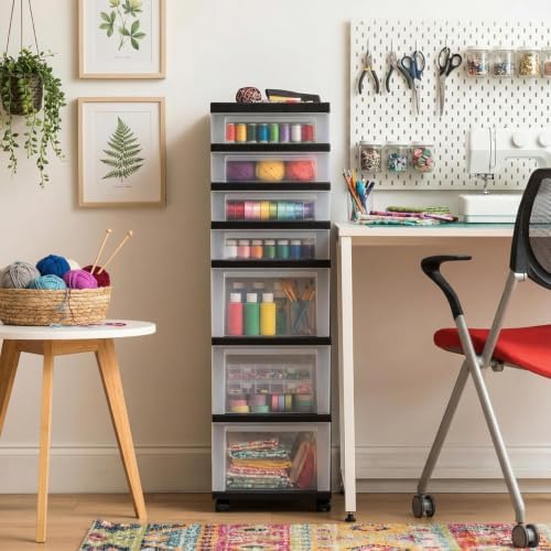 IRIS USA Plastic Drawer Storage Organizer Rolling Cart, with Wheels Casters, 7-Drawers, for Classroom Art Craft Supplies Dresser Closet Bathroom Laundry Room, Black/Clear - Image 2