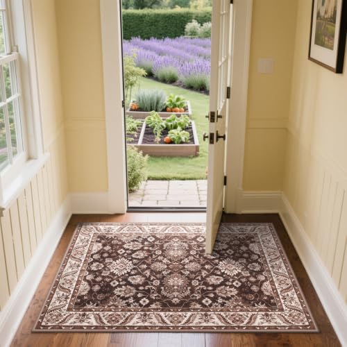 Hanples 2x3 Washable Rugs for Entryway, Vintage Floral Door Mat, Rust - Image 4