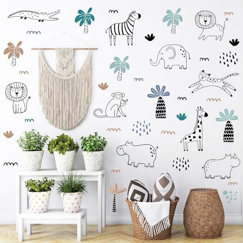 AOWDIAO Safari Wildlife Animal Wall Decals Line Art Peel & Stick Decor for Kids’ Room & Nursery by AOWDIAO