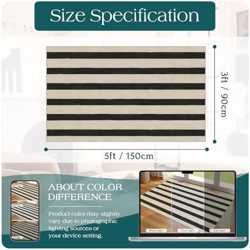 Black and White Striped Entry Rug, 3x5 Non-Slip Indoor Outdoor Rugs - Image 6