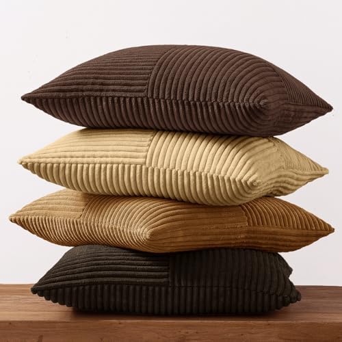 MIULEE Boho Decorative Throw Pillow Covers 18x18 Set of 4 Farmhouse Neutral Cushion Cases Gradient Corduroy Pillow Cases Modern Soft Corduroy Patchwork Home Decor for Couch Sofa Bedroom Camel Brown - Image 5