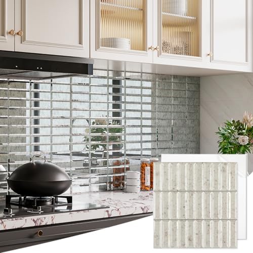 Diflart Peel and Stick Mirror Backsplash, Light Antique, 1.8 x 11.8 Inch, Beveled Mirror Three Strips Tiles for Kitchen Bathroom Accent Wall, Pack of 5 Sheets by Diflart