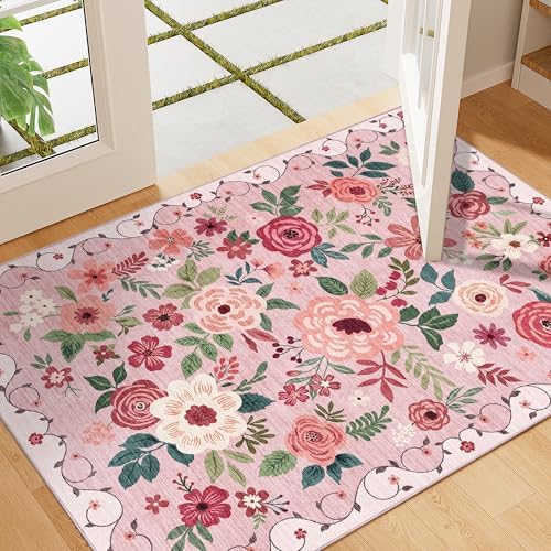 DUKINO 2x3 Entryway Rug, Floral Door Mat Soft Washable Rug Non Slip, Pink - Image 6